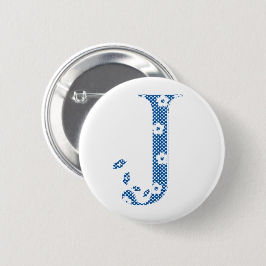 Badge Rond 5 Cm alphabet fleuri J (bleu et points) (Devant & derrière)