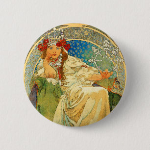 Badge Rond 5 Cm Alphonse Mucha Art Nouveau Princesse Hyacinth
