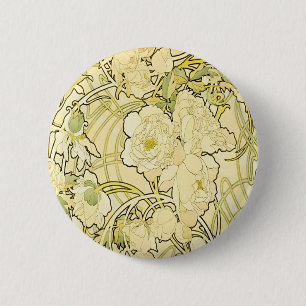 Badge Rond 5 Cm Alphonse Mucha Pivoines Motif Floral Art Nouveau