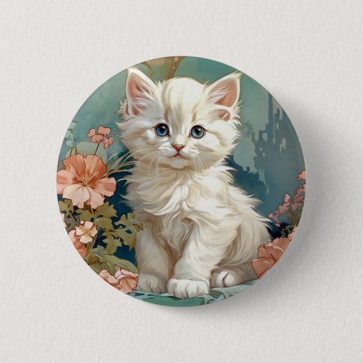 Badge Rond 5 Cm Alphonse Mucha Style Chat blanc (Devant)