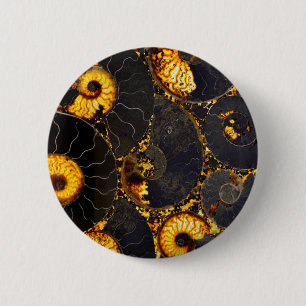 Badge Rond 5 Cm Ambre doré noir Nautilus motif, fossile