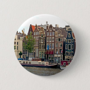 Badge Rond 5 Cm Amsterdam, maisons sur le canal