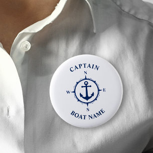 Badge Rond 5 Cm Ancre de boussole nautique Nom du bateau du capita