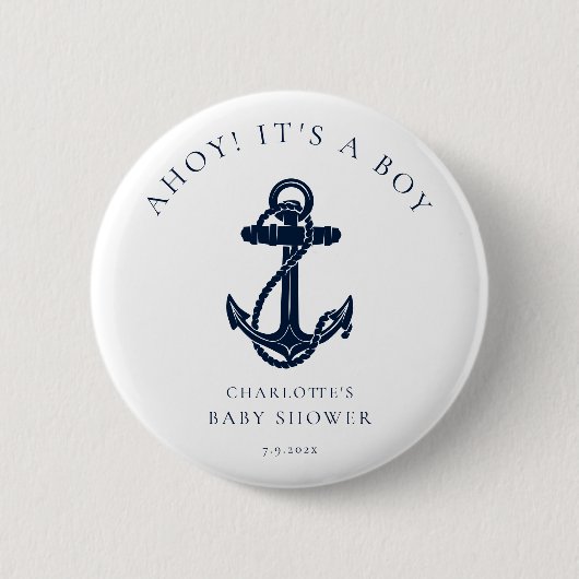 Badge Rond 5 Cm Ancre nautique Baby shower de garçon côtier (Devant)