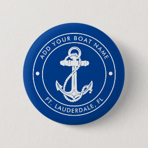 Badge Rond 5 Cm Ancre nautique bateau et nom bleu personnalisé
