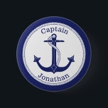 Badge Rond 5 Cm Ancre nautique Capitaine de marine Personnalisé<br><div class="desc">Cette conception nautique a une ancre bleu marine avec une bordure de corde circulaire et bleu marine autour du bord. Le texte bleu marine au-dessus de l'ancre dit "Capitaine". Le texte ci-dessous est un nom que vous pouvez personnaliser.</div>