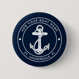 Badge Rond 5 Cm Ancre nautique et nom de bateau personnalisé bleu