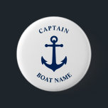 Badge Rond 5 Cm Ancre nautique vintage Capitaine Nom du bateau Mar<br><div class="desc">Marine Blue Vintage Ancre nautique et votre nom de bateau personnalisé et le bouton de classement du capitaine personnalisable.</div>