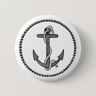 Badge Rond 5 Cm Ancre noire et blanche vintage et corde