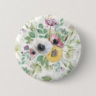Badge Rond 5 Cm Anémones rose, blanc et jaune.