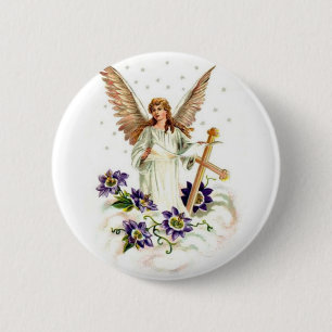 Badge Rond 5 Cm Ange avec croix et fleurs de clématite