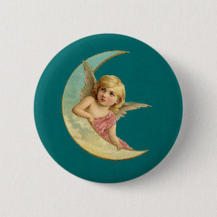 Badge Rond 5 Cm Angel sur une image vintage lune croissant