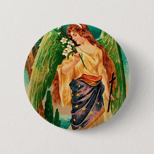 Badge Rond 5 Cm Angel tenant une branche florale