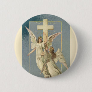 Badge Rond 5 Cm Anges victoriens avec Croix, Pâques Vintages
