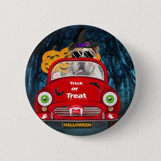 Badge Rond 5 Cm Anglais Bulldog Driving Car Effrayant Halloween (Devant)