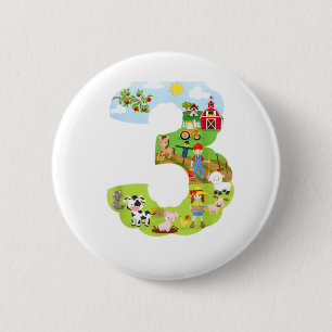 Badge Rond 5 Cm Animaux de ferme troisième anniversaire Numéro d