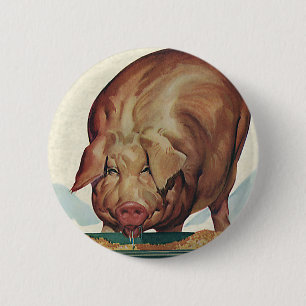 Badge Rond 5 Cm Animaux de ferme vintages, Cochon mangeant à un tr