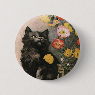 Badge Rond 5 Cm Animaux vintage, chaton victorien mignon et fleurs