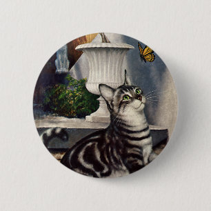 Badge Rond 5 Cm Animaux vintages, mignon Tabby Cat papillon