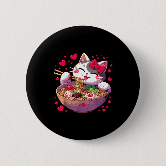 Badge Rond 5 Cm Anime Cat Eating Ramen Noodles With Hearts Valenti (Devant)