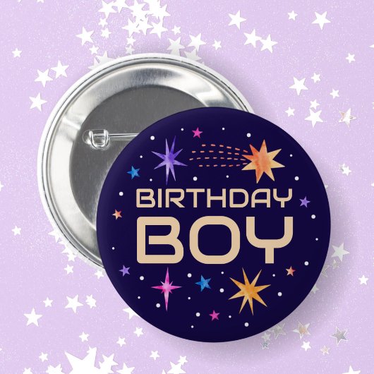 Badge Rond 5 Cm Anniversaire Garçon Espace Étoiles foncé violet