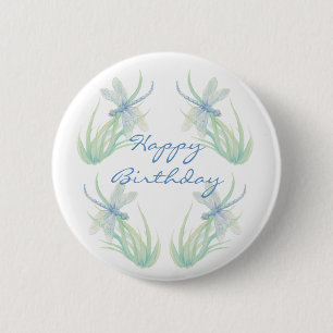 Badge Rond 5 Cm Anniversaire Original Aquarelle libellule en bleu