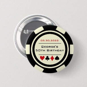 Badge Rond 5 Cm Anniversaire Poker Chip Casino Thème Rouge Noir