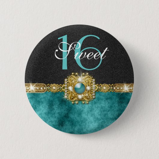 Badge Rond 5 Cm anniversaire turquoise du noir 16 de "sweet (Devant)