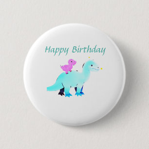 Badge Rond 5 Cm Annonce de dinosaure à l'aquarelle bleu ciel vert