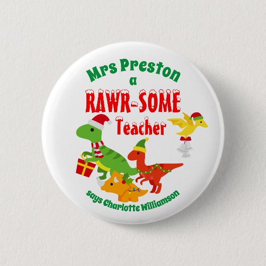Badge Rond 5 Cm Appréciation de l'enseignant de Noël Enfants Dinos (Devant)