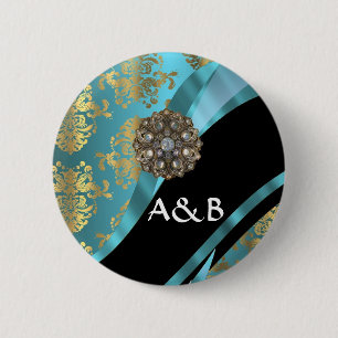 Badge Rond 5 Cm Aqua bleu & or damask faux cristal