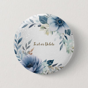 Badge Rond 5 Cm Aquarelle bleu foncé Fleurs Argent Élégant
