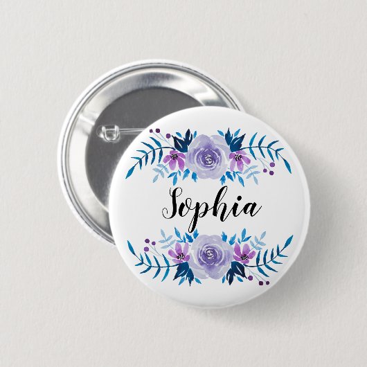 Badge Rond 5 Cm Aquarelle bleu violet couronne florale Texte perso (Devant & derrière)