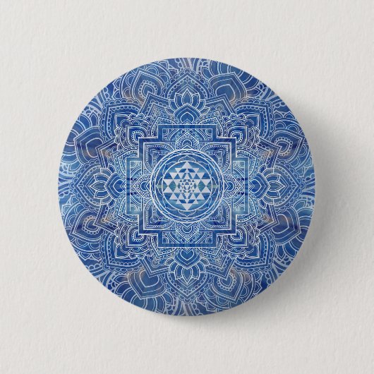 Badge Rond 5 Cm Aquarelle bleue Sri Yantra / Sri Chakra (Devant)