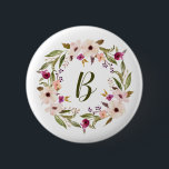 Badge Rond 5 Cm Aquarelle Bohème Floral Wreath Monogramme<br><div class="desc">Bouton d'épingle d'inspiration bohème avec des fleurs d'aquarelle violet et d'ivoire avec une couronne de feuillage. Ce bouton monogramme personnalisable est parfait pour un cadeau personnalisé.</div>