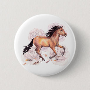 Badge Rond 5 Cm Aquarelle Cheval Wild Avec Fleurs Boho Arrière - p