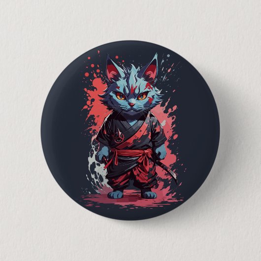 Badge Rond 5 Cm Aquarelle cool Gris Ninja Chat Guerrier (Devant)