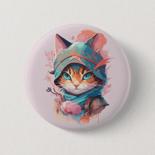 Badge Rond 5 Cm Aquarelle Cute Hoded Ninja Chat