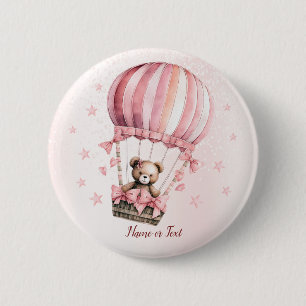 Badge Rond 5 Cm Aquarelle Cute Rose Teddy Bear Hot Air Balloon