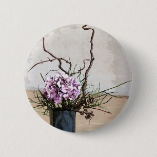 Badge Rond 5 Cm Aquarelle de vase à hortensia et en bois