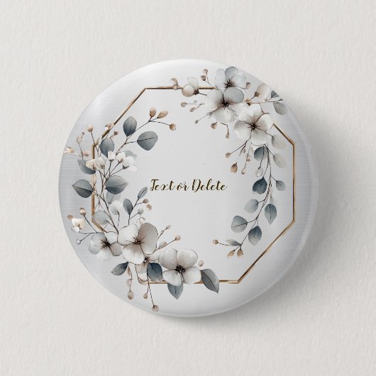 Badge Rond 5 Cm Aquarelle Fleurs blanches Cadre doré Argent Turquo (Devant)