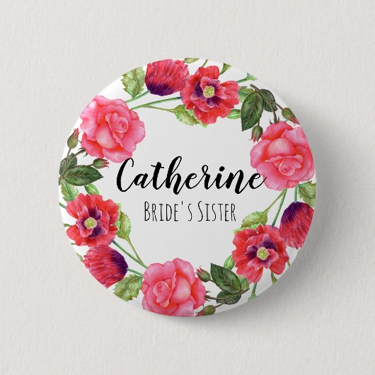 Badge Rond 5 Cm Aquarelle Fleurs d'été Circle Wreath Design (Devant)
