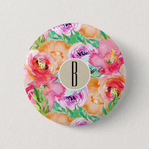 Badge Rond 5 Cm Aquarelle Florale Moderne Kraft Rustique Personnal