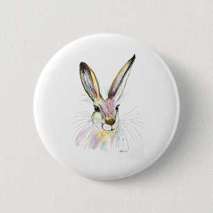 Badge Rond 5 Cm Aquarelle Hare de Pâques Lapin Animal Rustique Mou