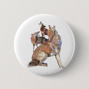 Badge Rond 5 Cm Aquarelle Howling Coyote Famille Animale