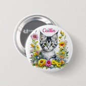 Badge Rond 5 Cm Aquarelle Kitten en Fleurs Jaunes Personnalisé (Devant & derrière)