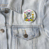 Badge Rond 5 Cm Aquarelle Kitten en Fleurs Jaunes Personnalisé (En situation)