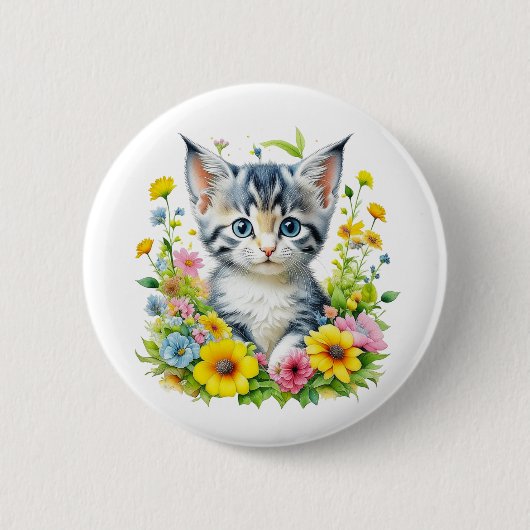 Badge Rond 5 Cm Aquarelle Kitten Fleurs Noël (Devant)