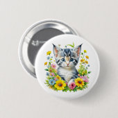 Badge Rond 5 Cm Aquarelle Kitten Fleurs Noël (Devant & derrière)