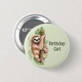 Badge Rond 5 Cm Aquarelle mignonne Sloth Anniversaire fille (Devant & derrière)